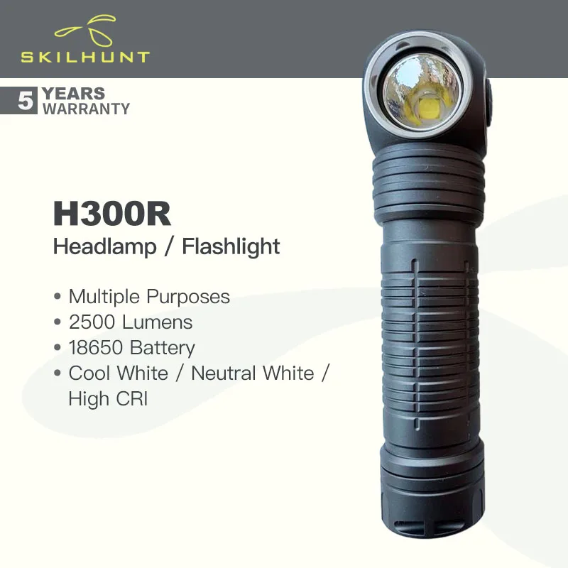 Skilhunt H300R 2 in 1 Flashlight/Headlamp with HeadBand, 2500 Lumens, 18650 Battery, Cool/Neutral White/High CRI, UDOC Reflector