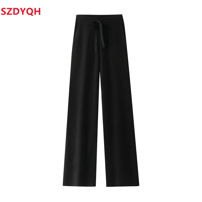 2023 Autumn Winter Women 100% Wool Pants Soft Waxy Comfortable High-Waist Knitted Trousers Female Casual Thicken Wide Leg Pants