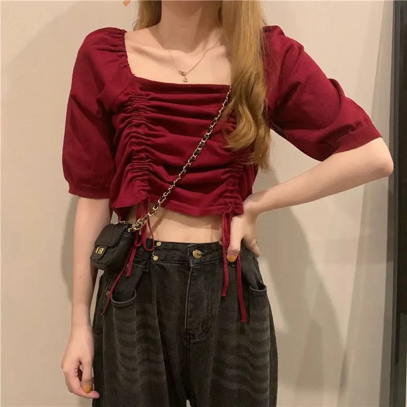 Summer New Drawstring Pleated Short Tops Short Sleeve Solid Color Loose All-match Sexy T Shirts Sweet Fashion Women Clothing