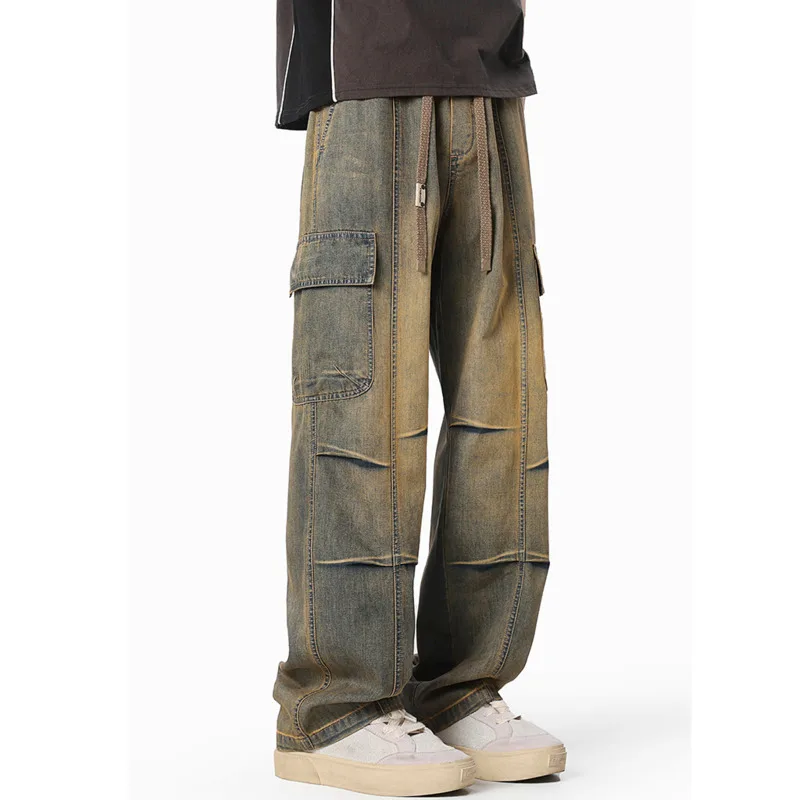 Spring/Summer New Vintage Workwear Jeans for Men High Street Yellow Mud-Dyed Washed & Ripped Plus Size Denim Overalls Trousers