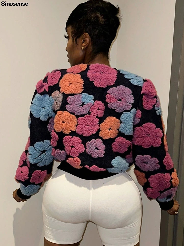 Women\'s Cropped Floral Print Jacket Long Sleeve Fleece Warm Bomber Jacket Lightweight Button Down Daily Wear Outerwear Coats