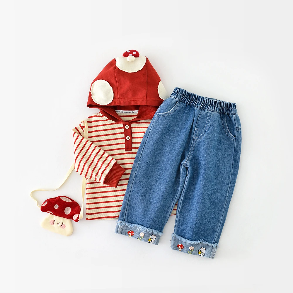 AYNIGIELL New Autumn Pants for Girls Aged 1-5, Straight Leg Washed Jeans, Children's Mushroom Embroidered Pants