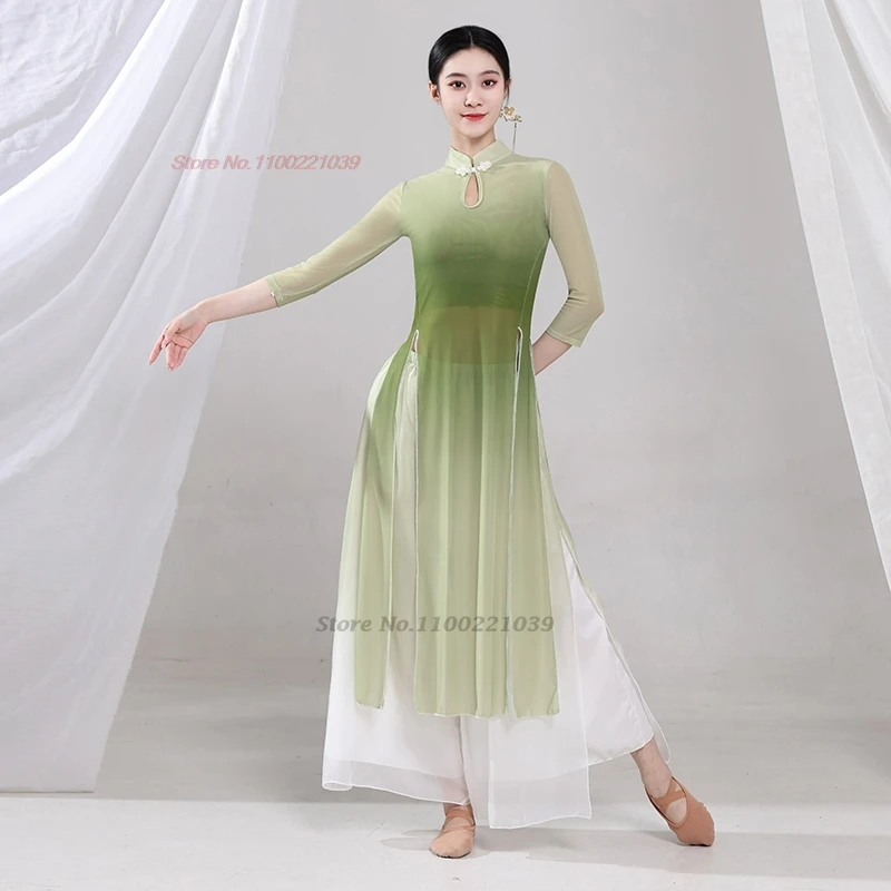 2025 الصينية خمر ملابس رقص الشعبية التدرج اللون شبكة hanfu بلايز + فستان أطفال مع سروال داخلي خمر فستان من الشيفون مرحلة الأداء الرقص