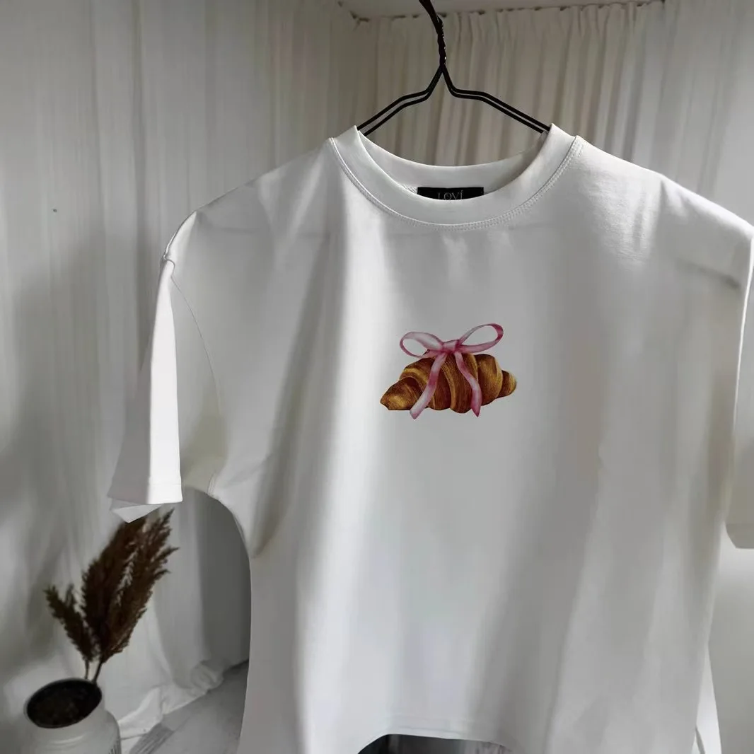 Casual Loose Cotton T-irt Top Creative Print Versatile Summer Faion Commute Sle ort Sve round Ne Regular Fit