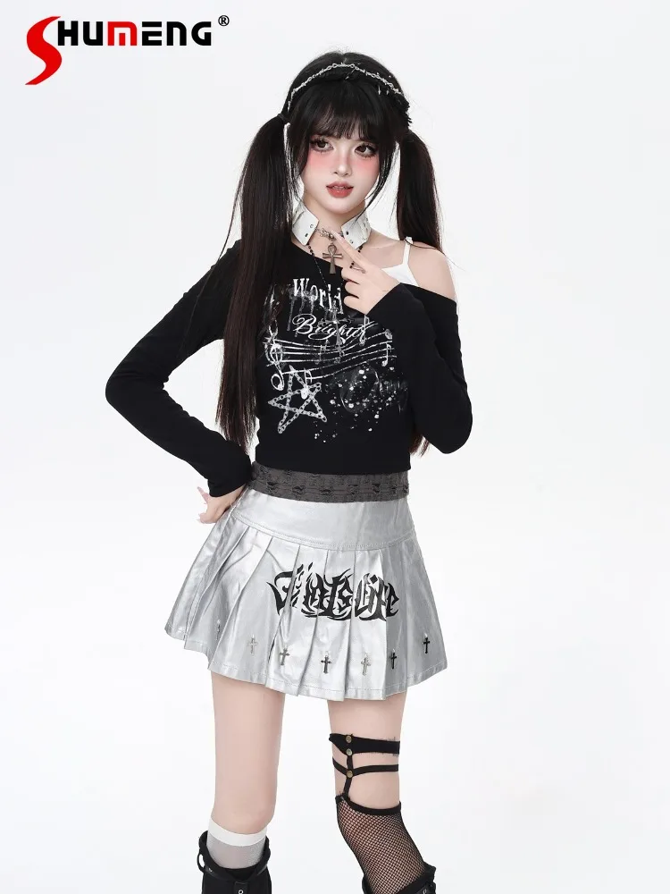 

American Sweet Cool Girl Y2K Tops Printed Graffiti Off-Shoulder Long Sleeve High Waist Slim Versatile Casual T-Shirt Top Women
