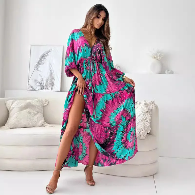 فساتين نسائية أنيقة بأكمام طويلة لقضاء العطلات على الشاطئ فستان ماكسي برباط Dolgie Sukienki Vestidos De Playa فساتين صيفية للسيدات