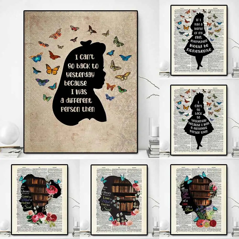 

Retro Dictionary Wall Art Never Underestimate A Girl With A Book Motivational Quote Poster Portrait Canvas Painting Room Decor