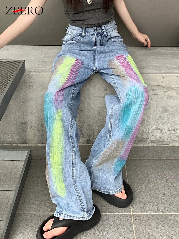 Summer Women Vintage Blue Painted Distressed Jeans Streetwear Female Casual Straight Trousers High Waist Wide Leg Denim Pants