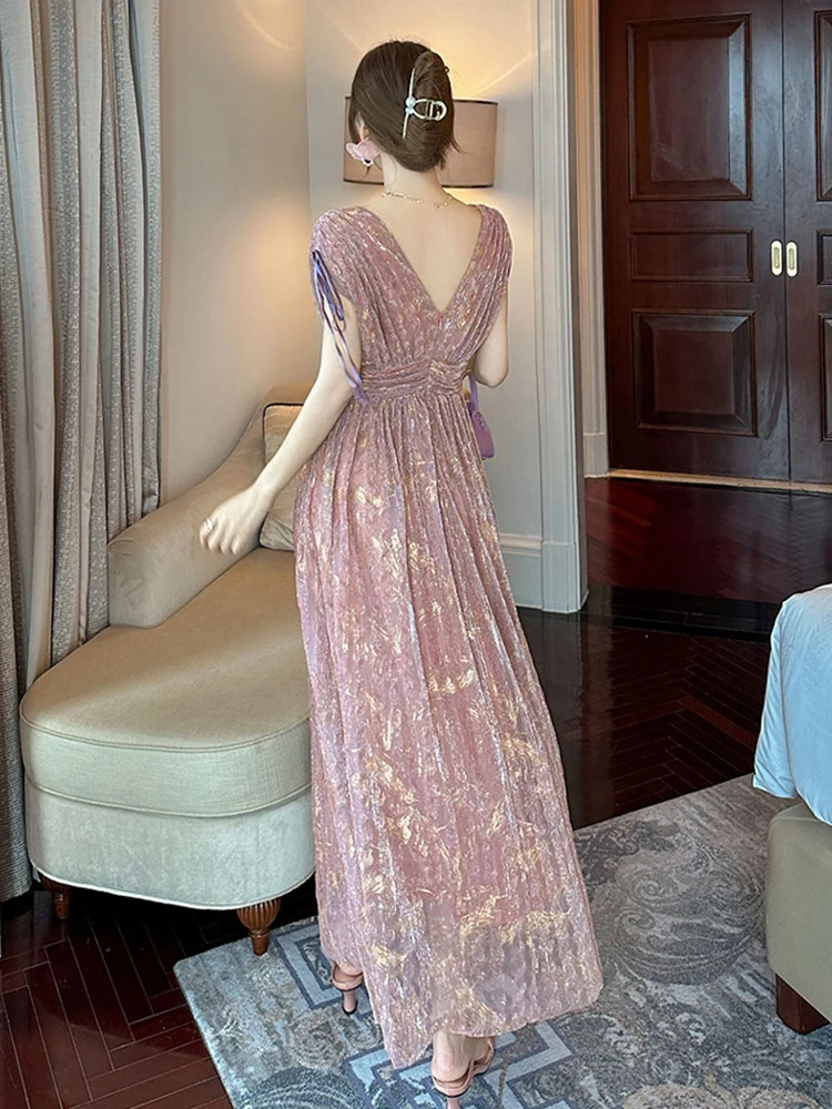 French Elegant Bright Silk Evening Dress Women Clothes Sweet Sexy Folds Backless Pleated Robe Female Party Dance Vestidos Fiesta