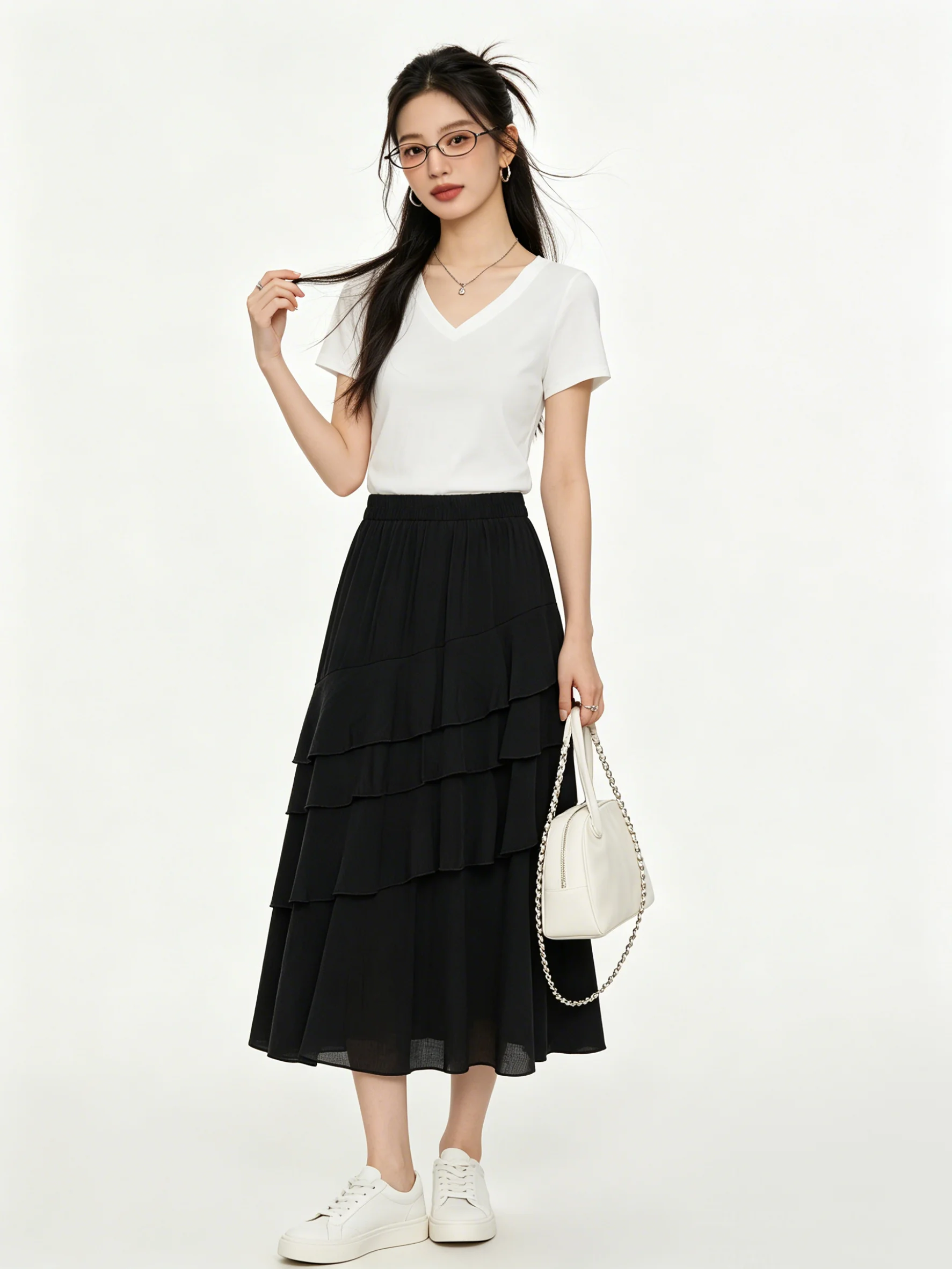 

Korean Style High Waist Midi Skirt Women's A-Line Half-length Cake Skirt Youthful Lace Trim Splice Summer Skirt