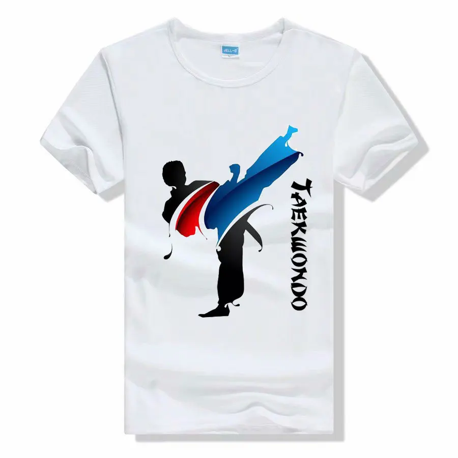 Taekwondo T-shirt round neck short sleeve kids student white bird\'s eye breathable quick-drying cartoon print training uniform