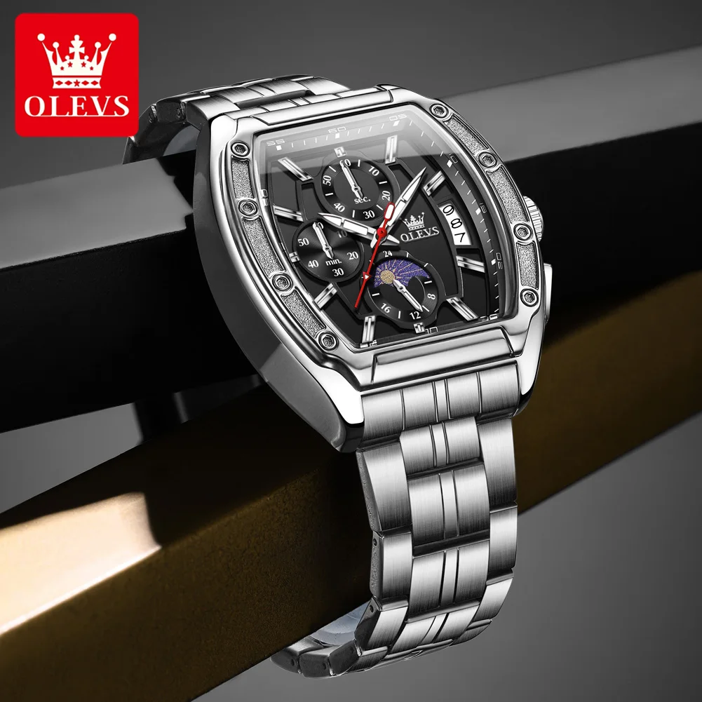 OLEVS 3661 Quartz Watch Barrel Design 24-hour Lunar Phase Date Window Luminous Function 30m Waterproof Watch For Men
