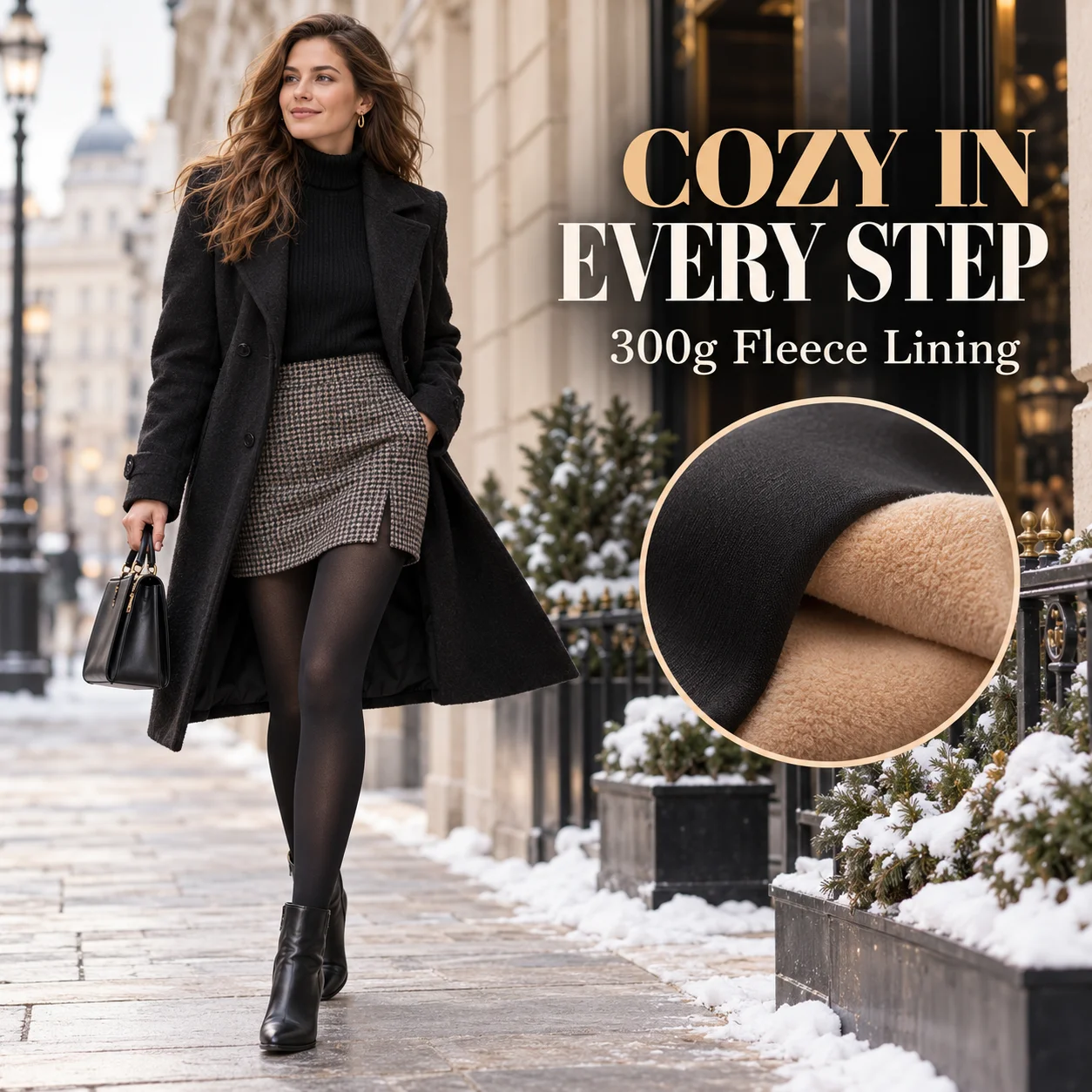 Women's 300g Fleece Lined Tights Black Sheer Look Thermal Pantyhose Soft Skin Friendly Breathable Stretchy Slim Winter Stockings