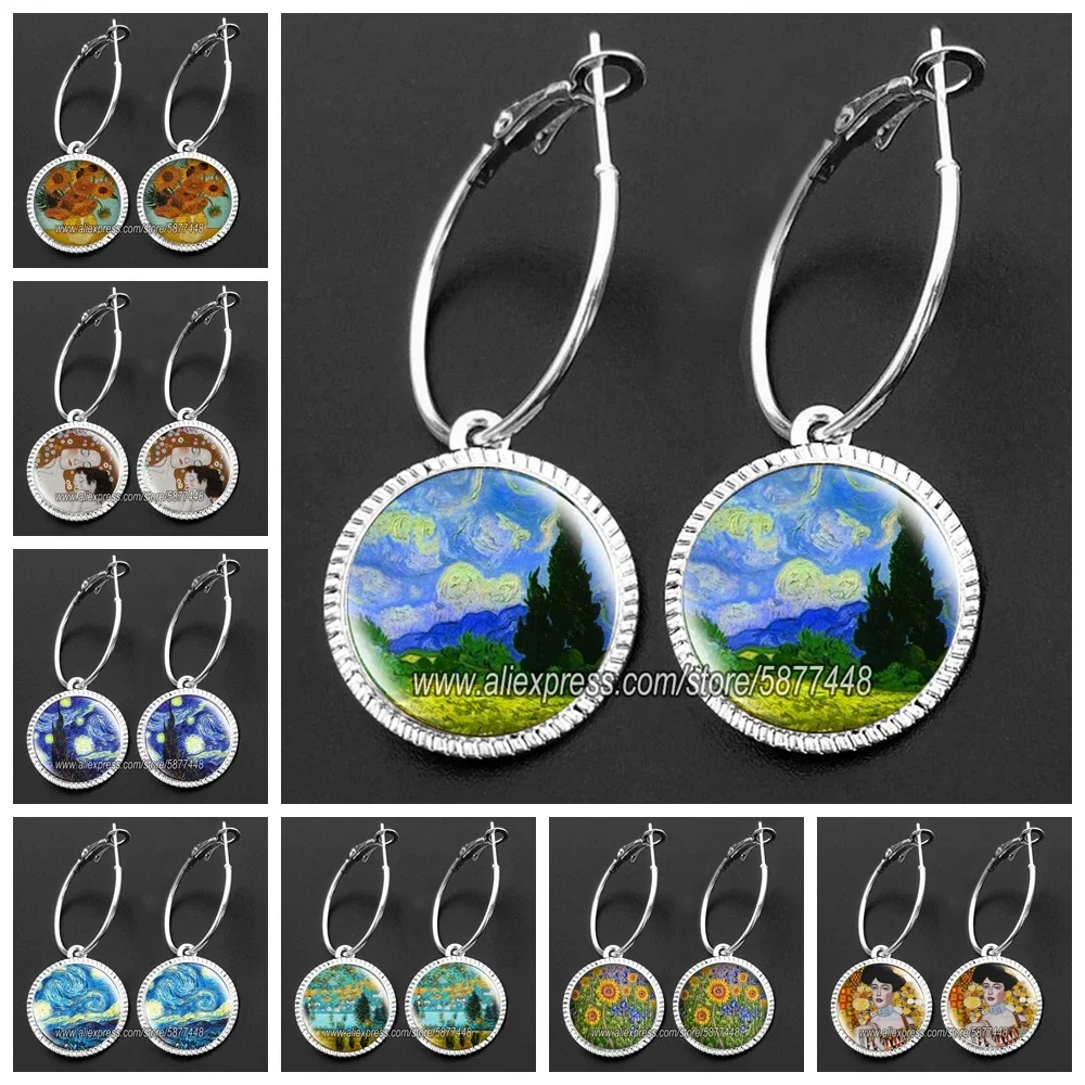 Van Gogh Dangle Earrings Starry Night Loop Earring Women Girl Gift Glass Cabochon Jewelry Hoop Earings Delicate Ear Hoop