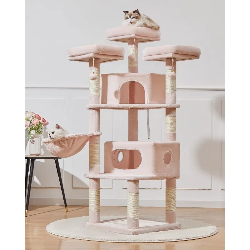 Cat Tree, 62.2-Inch Tower for Indoor Adult, Multi-Level Condo with 10 Scratching Posts, 3 Perches, 2 Big Caves