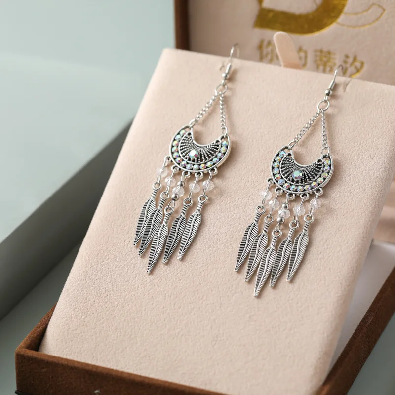 High-end versatile earrings women's retro literary and artistic diamond-encrusted earrings, multi-layer bohemian earrings, whole