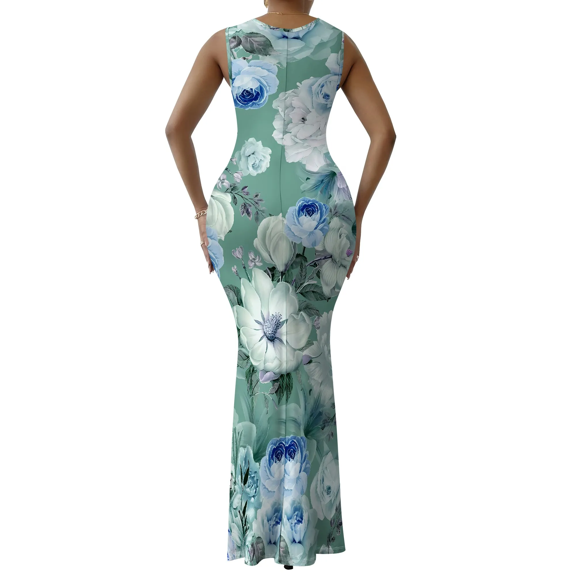 EQQZD Sexy Sleeveless Swing Neck Fishtail Maxi Dress, Beautiful Flowers Print Bodycon Dress for Women