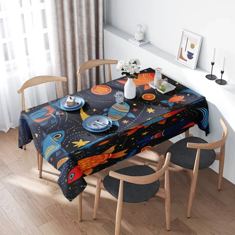 Stylish Space-Themed Tablecloth with Planetary Design for Dining Room Decoration Blue Galaxy Pattern Print