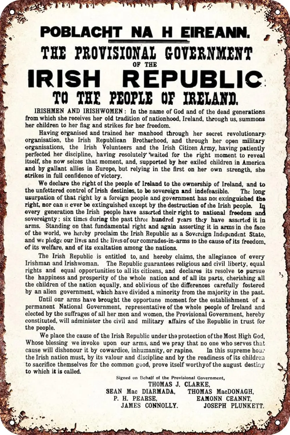 Irish Proclamation Ireland poster metal tin logo, retro metal logo, art poster iron logo, bar, garage, cafe, bar Dominic wall de