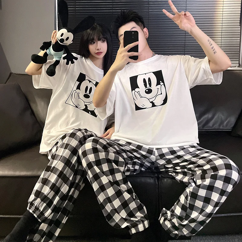 New men\'s couple pajamas summer round neck short-sleeved trousers loose casual cartoon cute loungewear suit can be worn outside