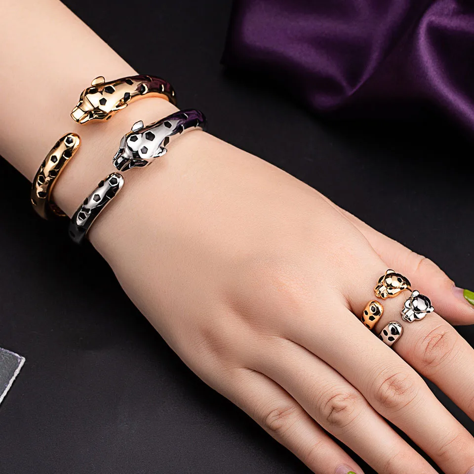 Zlxgirl Statement Punk Black Spots Leopard bangle with Ring set Fashion Animal Panther bracelet for Women Party gifts free ship