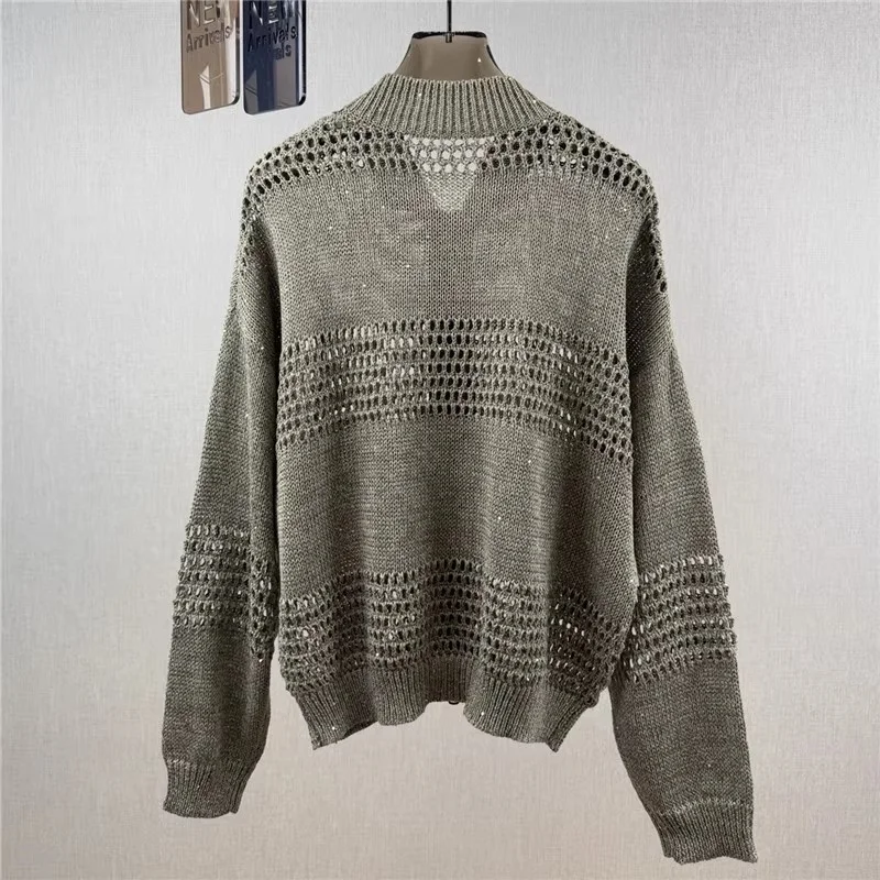 Otoño nuevo cárdigan de punto con huecos de lentejuelas mezcladas de lino con cuello redondo para mujer y2k chaqueta casual simple de moda de alta calidad