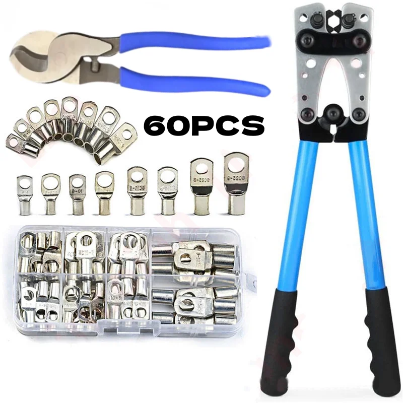 60pcs SC6-SC25 Tin-Plated Cable Lugs Kit with HX-50B Crimping Pliers & Cable Cutters for Electrical Wiring