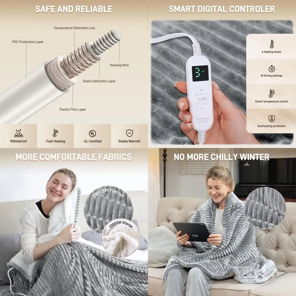 

Queen Size 84x90 Electric Flannel Blanket with 10 Timers, 6 Heat Levels, Washable and Overheat Protection - Gray