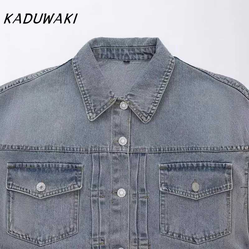 KADUWAKI Fashion Classic risvolto manica lunga Faux Denim top Casual Trend pieghettato monopetto tasca Denim cappotto muslimah