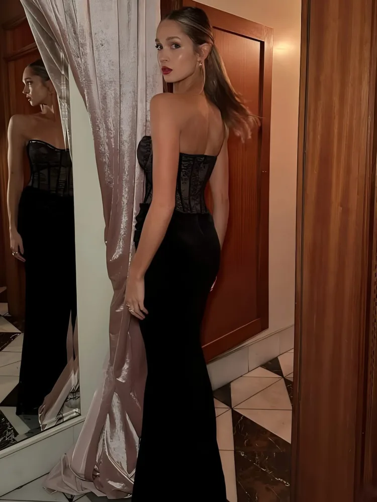 เดรสยาวลูกไม้เซ็กซี่แบบไร้สาย แบรนด์ Blifanbo ดีไซน์เว้าหลัง แขนยาว แฟชั่นสำหรับงานปาร์ตี้หรือคลับ สไตล์หรูหรา
