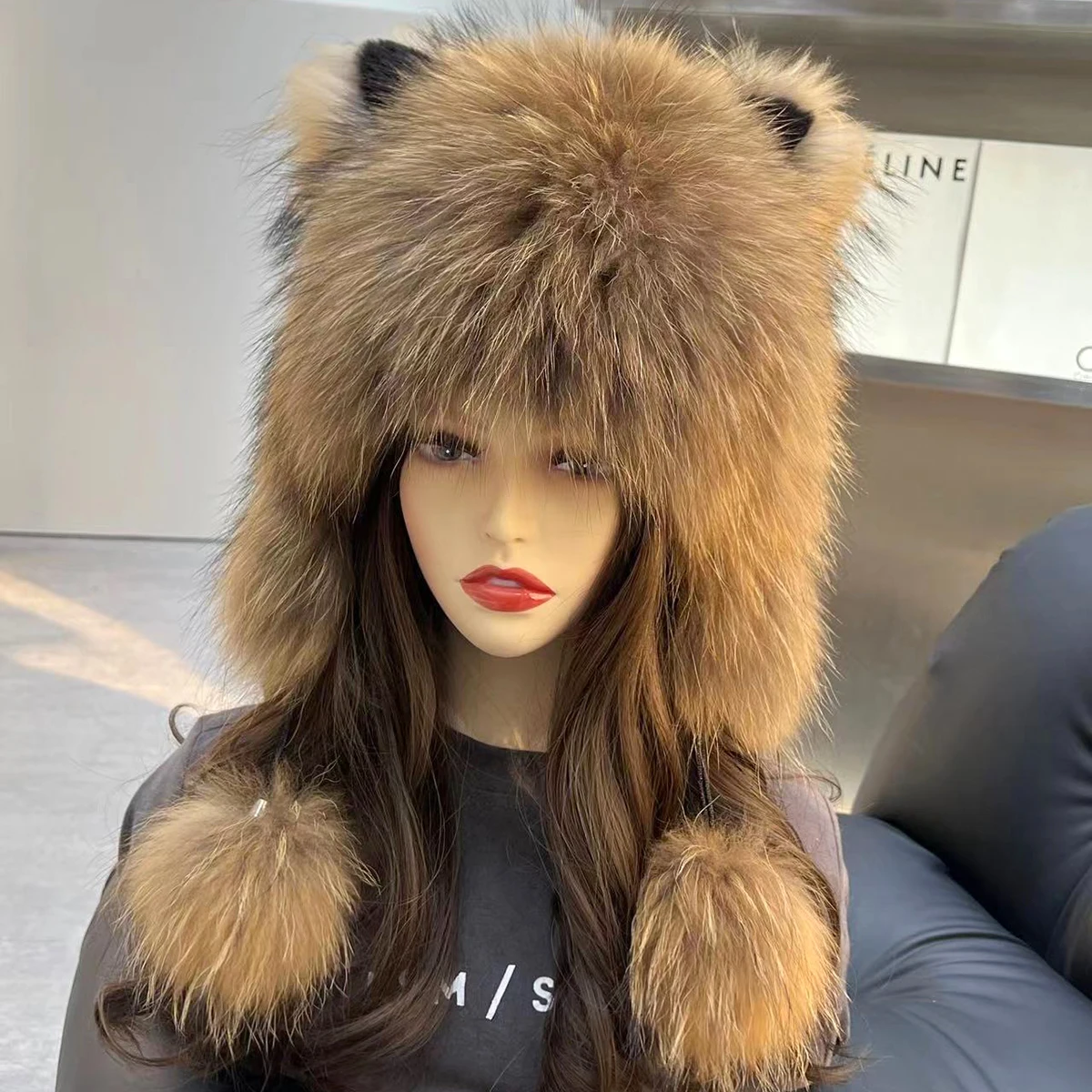 Hot Sale Women Fur Cap 100% Natural Raccoon Fur Hat Thick Knitting Cap WInter Warm Female Fashion For Woman Hat With Earmuffs