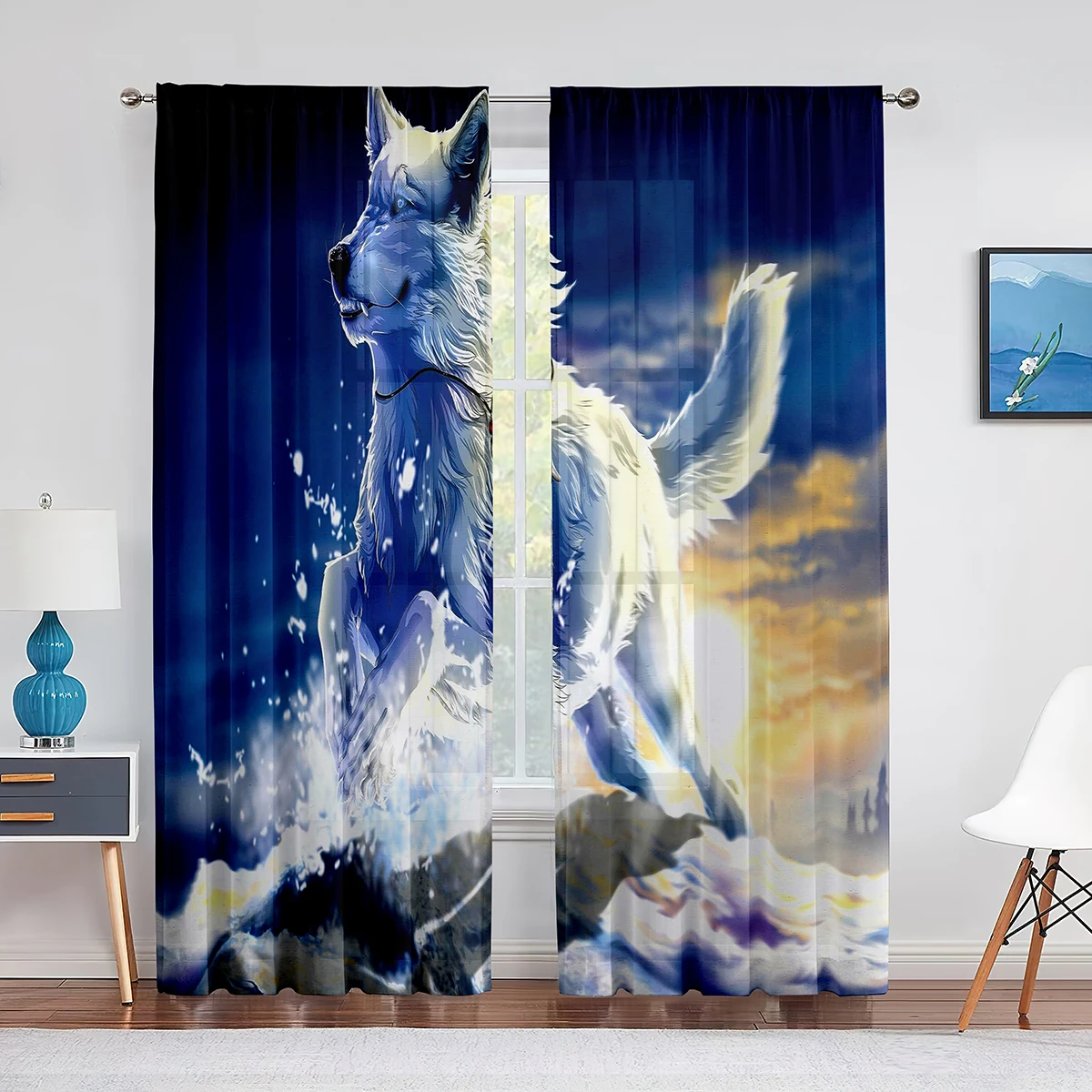 Forest Animal Wolf Fantasy Sky Pattern Tulle Curtains for Living Room Bedroom Decor Kitchen Window Sheer Voiles Curtain 2panels