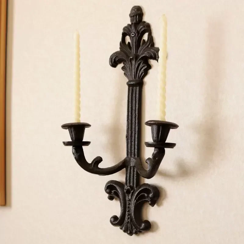 European Retro Cast Iron Wrought Iron Wall Hanging Imitation Rust Candlestick Candle Lamp Home