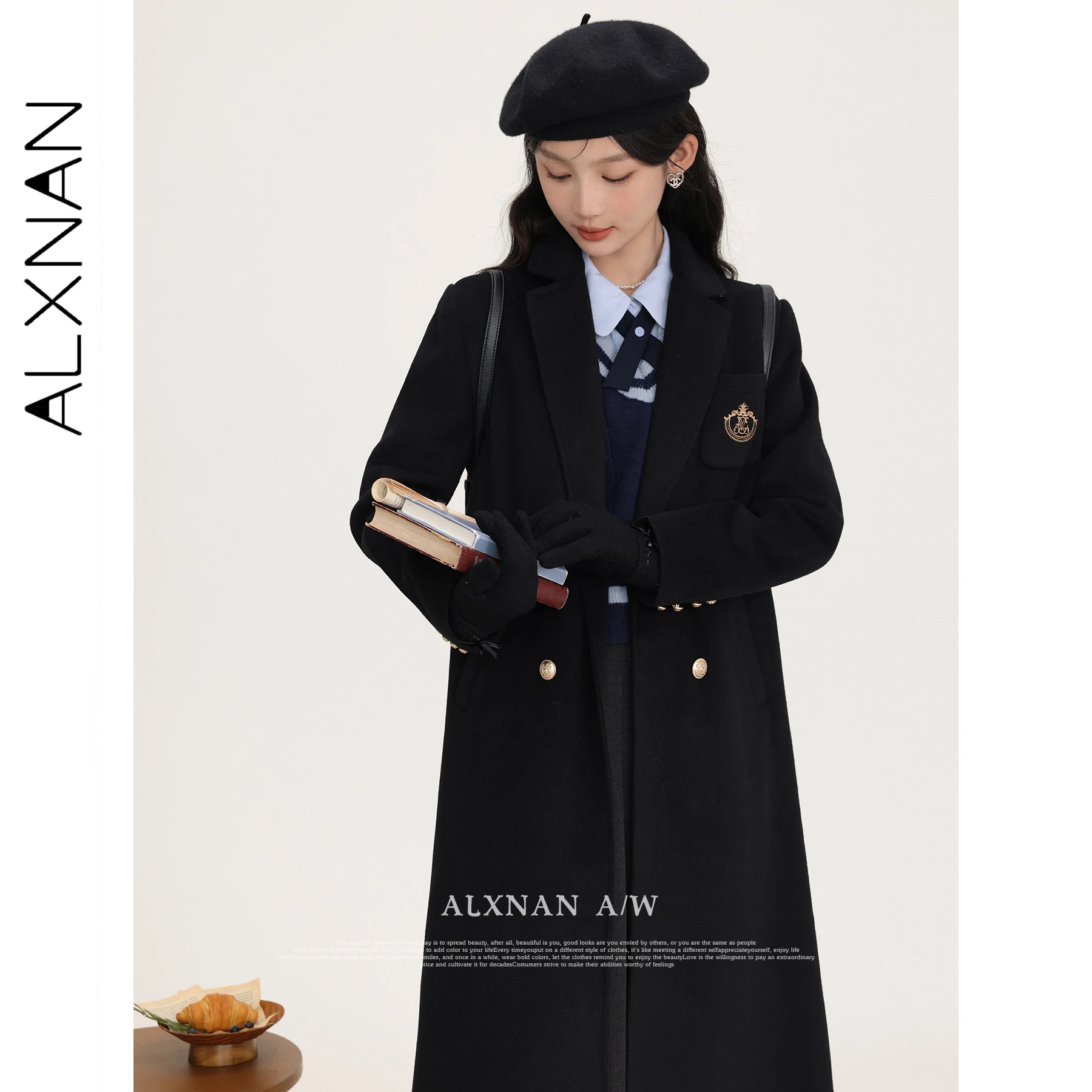 ALXNAN Women's Coats 2025 Autumn Winter Black Single-faced Woolen Overcoat Elegant Long Thickened Office Lady Clothes LXN31906
