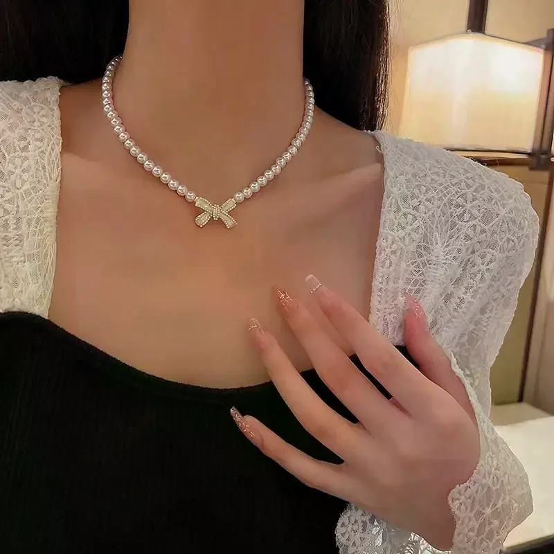 1/2PCS Bridesmaid Gift White Pearl Jewelry Set Bowknot Round Bead Necklace Stud Earrings for Wedding Guests