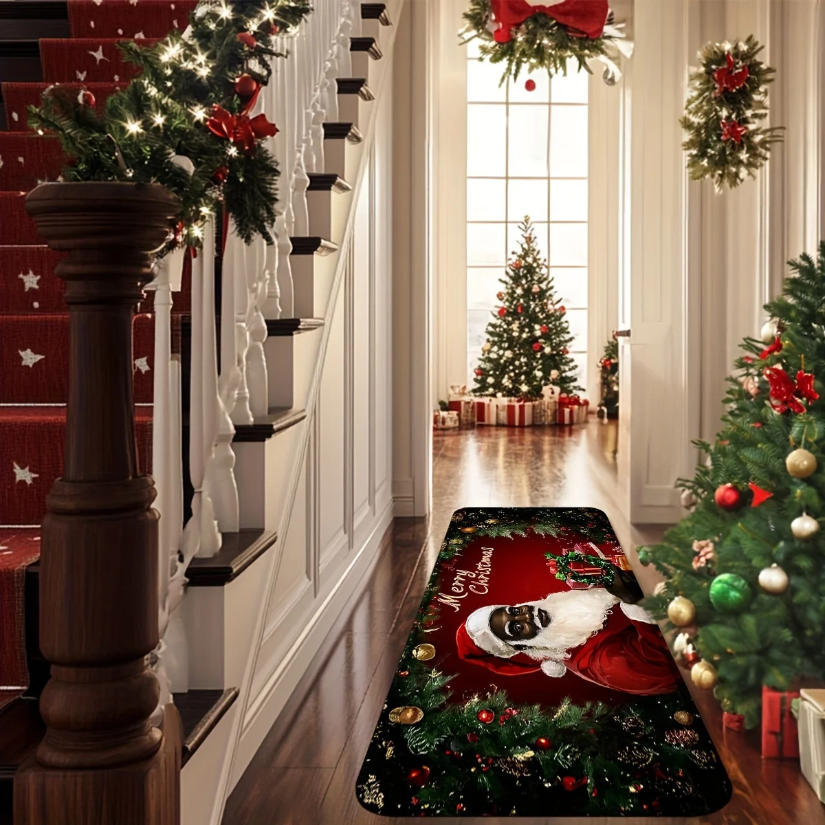 VIKAMAHoliday Christmas Black Santa Claus Christmas Gifts Christmas Decoration Red Background Black Santa Claus welcome doormat