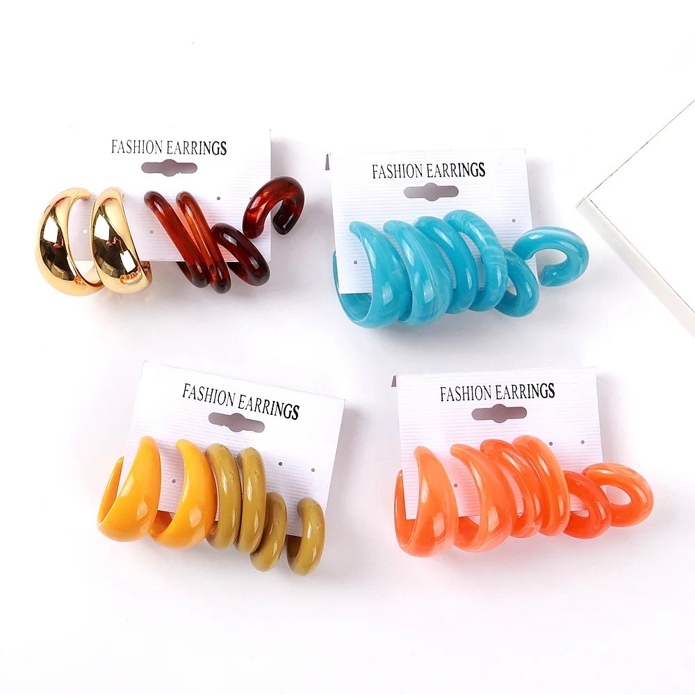 Boho Vintage Acrylic Round Drop Earring Sets Korean Fashion 3 Pair/Set Candy Color Resin C Shape Hoop Earrings for Women Jewelry