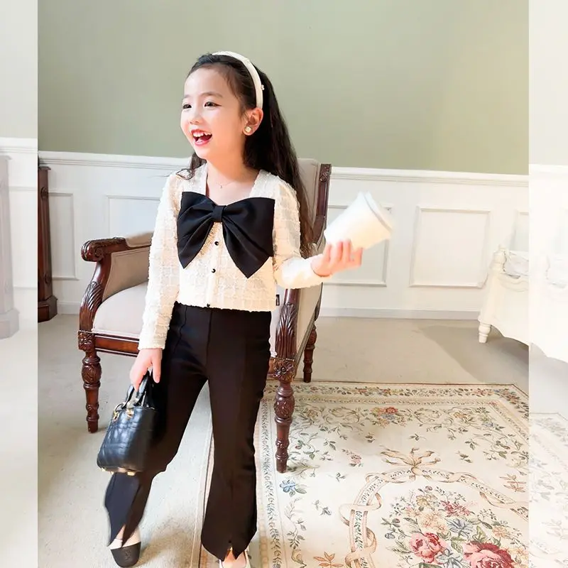 Spring Autumn Elegant Girl 2pieces Suits Children Clothes 4-14age 2025 Girls Fashion Clothing Set Big Bow Tops Shirts+Pants,Kids