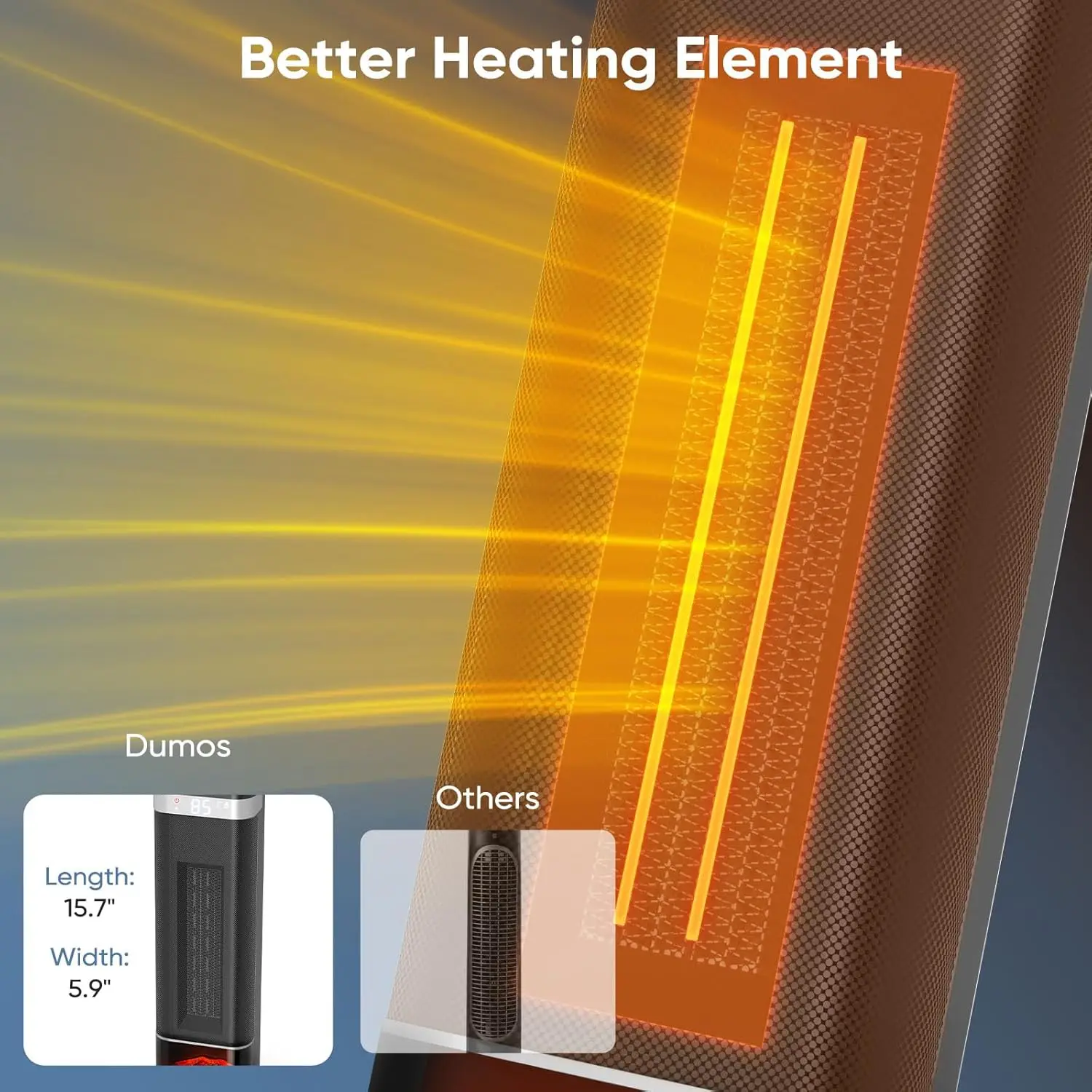 24in Portable Space Heater, 3 Light Colors, Remote Control, Adjustable Thermostat, Tip-over Protection, 60° Oscillation