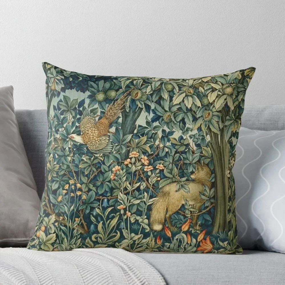 GREENERY, FOREST ANIMALS Pheasant and Fox Blue Green Floral Tapestry Throw Pillow Christmas Throw Pillows Covers Pillow