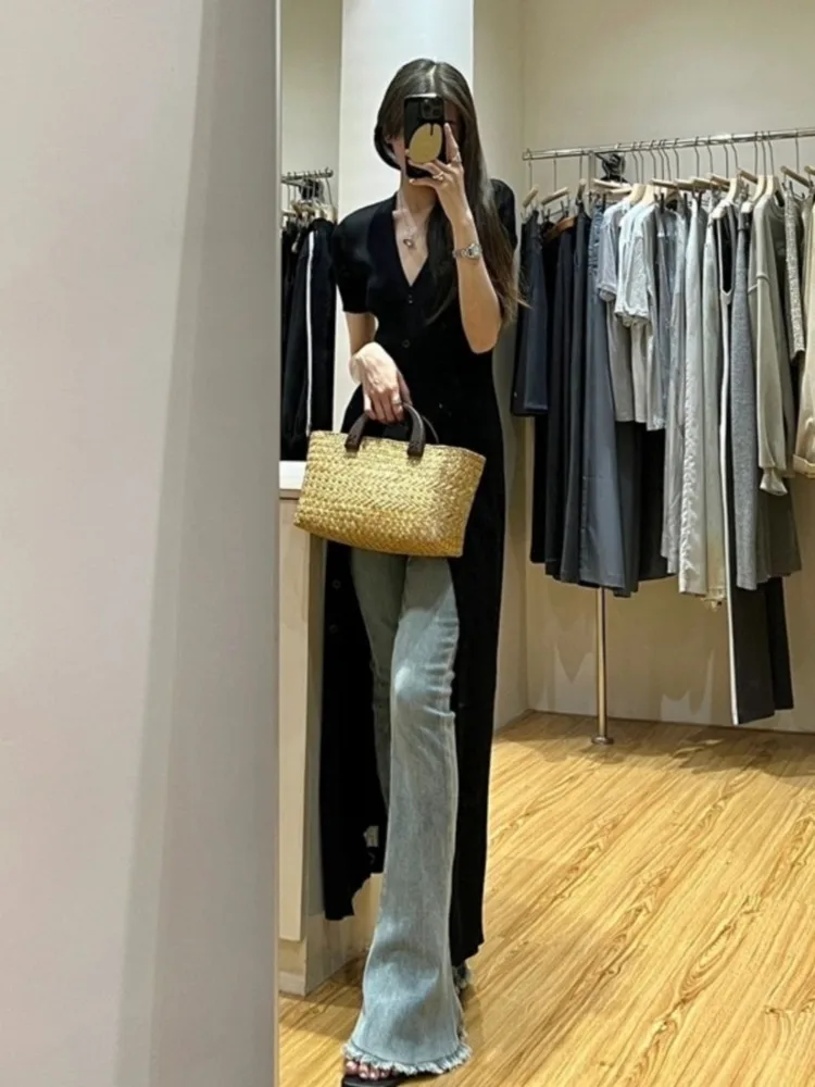 2024 Summer New V-neck Black Dress for Women Fashion Slim Fit Knitted Dressses Y2k E-Girl Mid-length Vestidos Mujer
