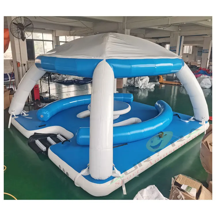 PVC inflatable platform dock water play equipment floating swimming pool drop stitch jetski roll up air dock platform with tent