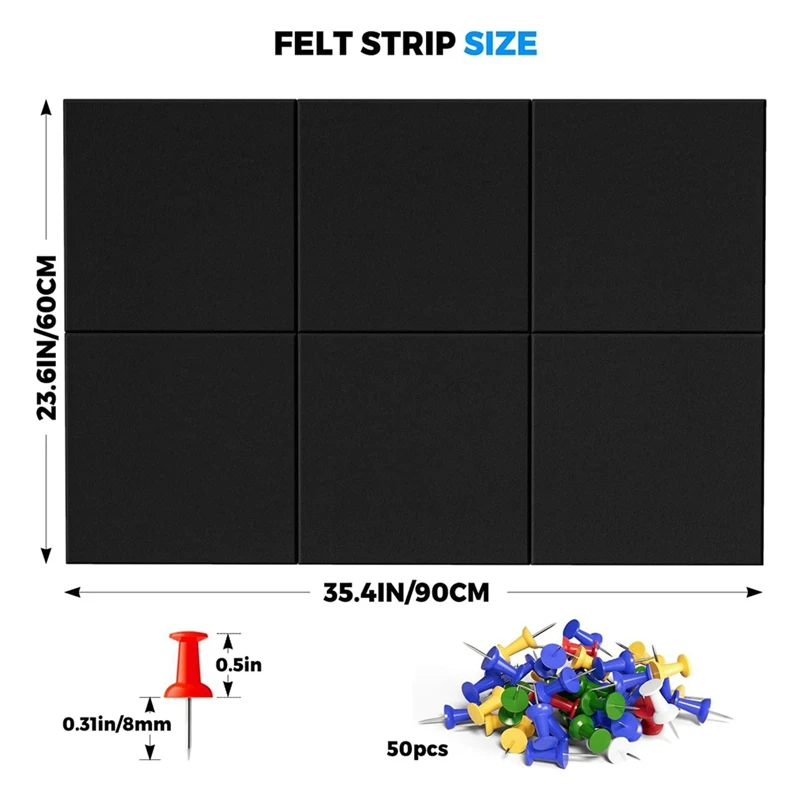 Vielseitige 6er Pack Wandfliesen aus schwarzem Filz, Ersatz aus Kork platten, enthält 50 Stecknadeln für die Wand anzeige