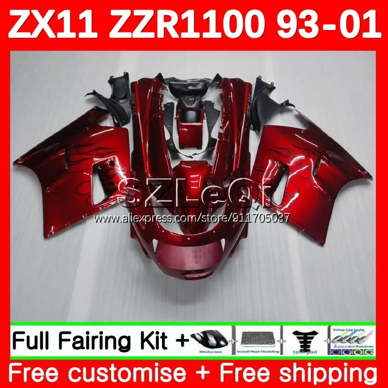 ZX-11R For KAWASAKI NINJA ZZR 1100 ZX11 R ZX11R Black&flames 93 94 95 96 97 114No.9 ZX 11R ZZR1100 1998 1999 2000 2001 Fairing