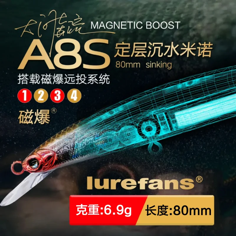 New Lurefans A8S-2/S-3 Magnetic Boost Sinking Minnow Fishing Lure 6.9g/7g Full Swimming Layer Long Shot Wobbler Hard Bait