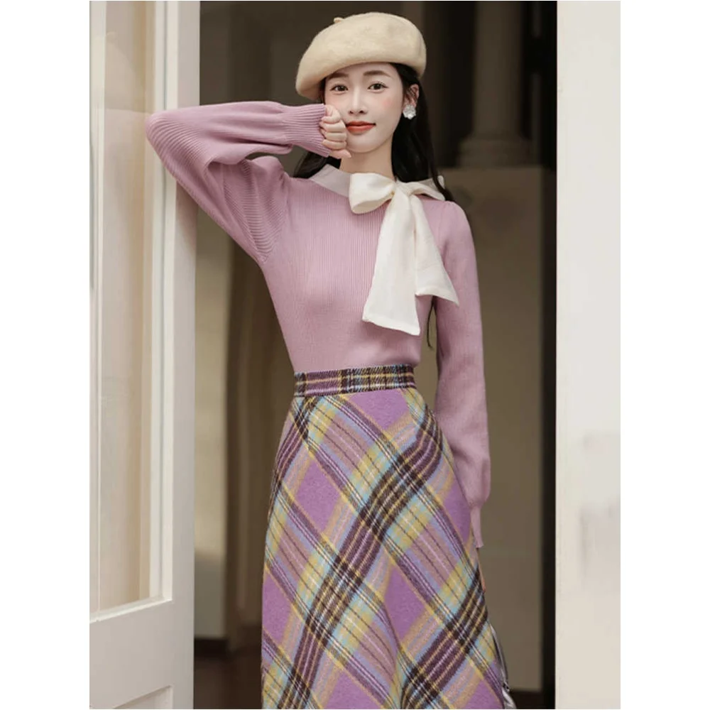 Women Spring Autumn Vintage Graceful Bowknot Sweater Plaid Skirts 1 or Two Piece Set Lady Retro Knit Tops High Waist Skirt Suits
