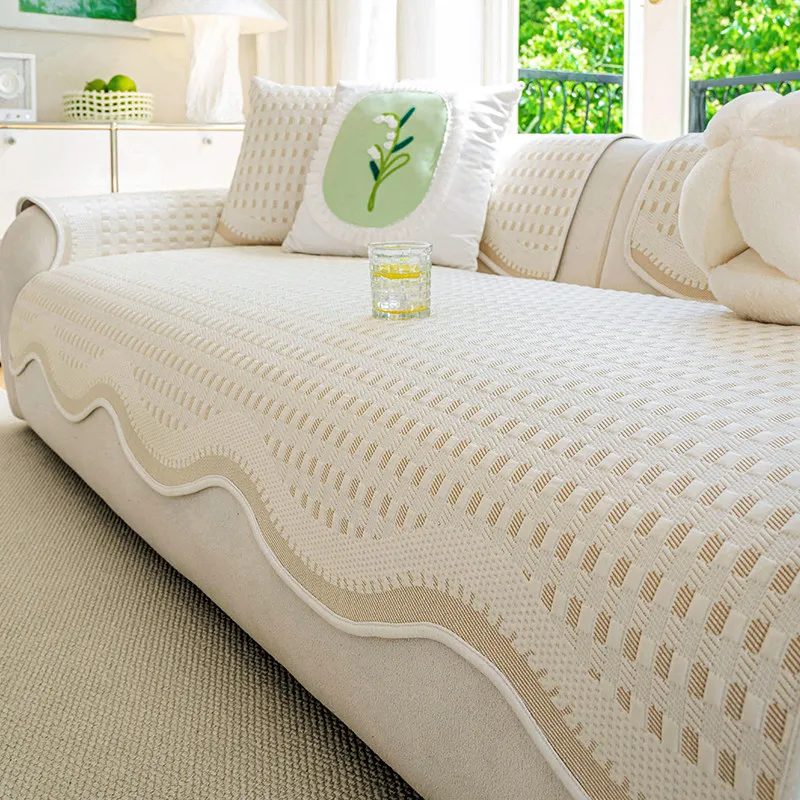 French Cream Style Cool Feeling Ice Silk Sofa Cushion Summer Non Slip Fixed Sofa Mat Seat Cover Sofa Slipcover