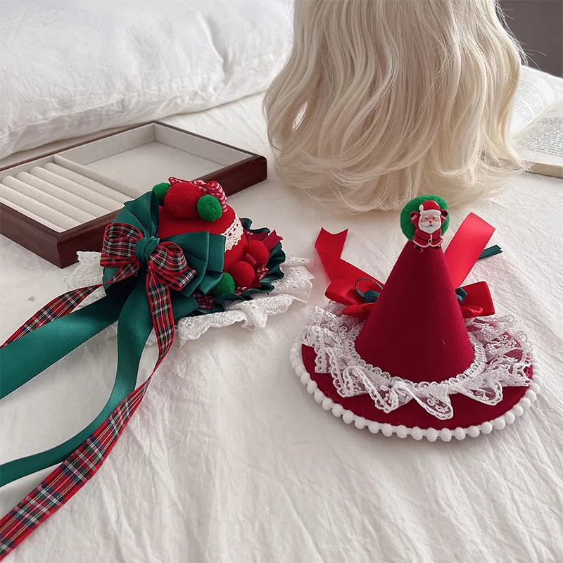 

Handmade Christmas Red and Green Accessories Top Hat Sweet and Cute Bear Ears Lolita Birthday Hat Girl