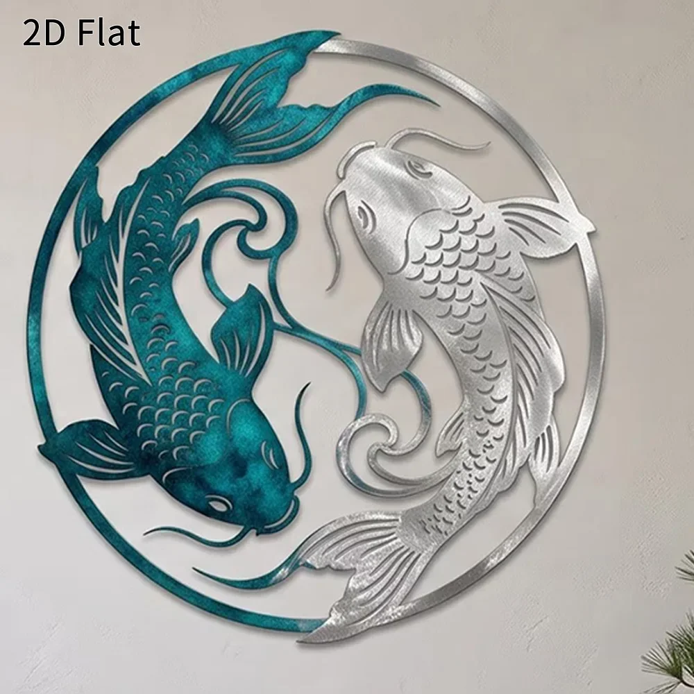 CIFBUY Koi Fish Yin Yang Metal Wall Art 2D Flat Iron Sign Japanese Pond Hanging Decor for Home Garden Patio Outdoor Rustic Accen