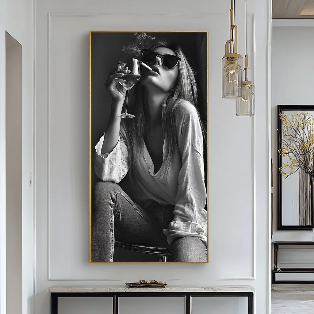 

2D/Flat Abstract Black & White Charming Woman Smoking Canvas Wall Art, Frameless Retro Wall Art Prints for Living Room Decortion